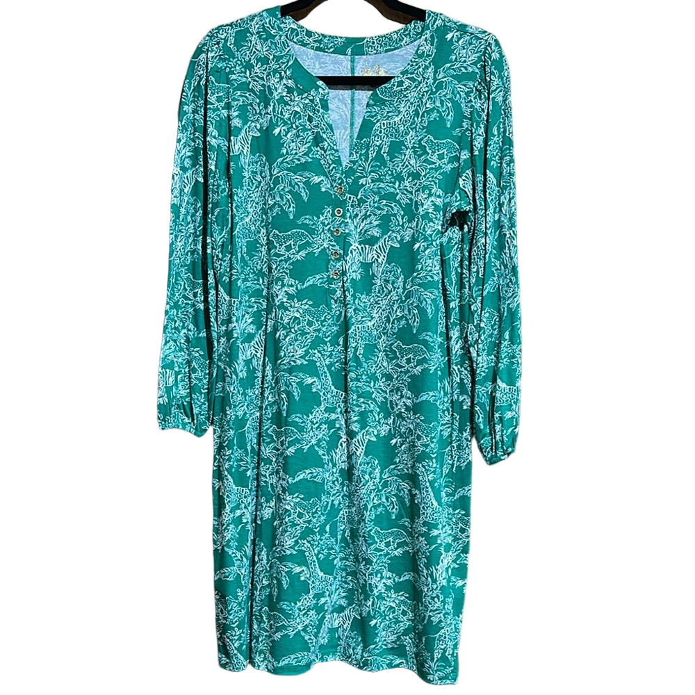 Lilly Pulitzer Emery Dress Fiddle Leaf Green Safari Party Size L - EUC